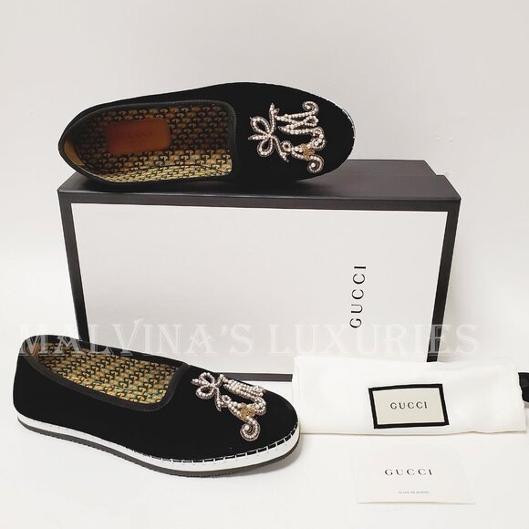 GUCCI SHOES BLACK VELVET MOCCASIN LOAFERS PEARL AM APPLIQUE FLATS sz 36.5 6.5 - Picture 2 of 12